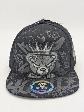 Top Level Men's Black Embroidered Hustle Crown Bear  Graphic Prints Snapback Hat